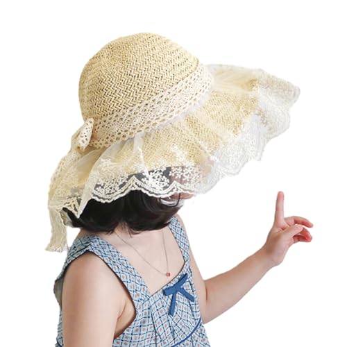 Summer Lace Straw Hats for Girls Wide Brim Floppy Beach Sun Visor Hat with lace Bowknot4