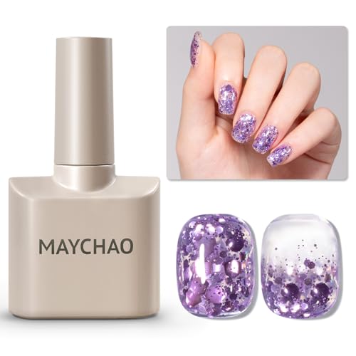 MAYCHAO Purple Glitter Gel Nail Polish, 15ML Violet Confetti Glitter Gel Nail Polish, Soak Off UV LED Nail Varnish for Nail Art Starter Manicure Salon DIY at Home, 0.5 OZ