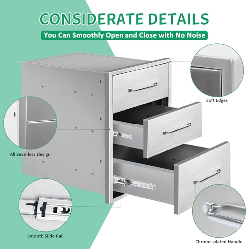 Image of Outdoor Kitchen Drawers 16 inch W x 21 inch H x 23 inch D Stainless Steel Triple Drawers with Ergonomic Handle for BBQ Island, Patio Grill Station & Outdoor Kitchen Cabinets
