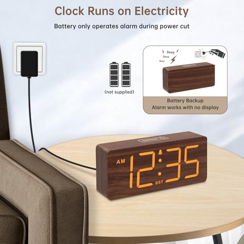 DreamSky Wooden Digital Alarm Clock for Bedroom - Desk Clock with Large Numbers for Living Room Office, Loud Alarm for Heavy Sleepers Adults, Volume Control, Dimmer, DST, Wood Decor (Adapter Powered) - Image 3