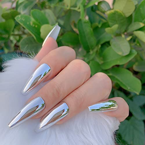 Ikiskt Super Long Silver Metal Style Press On Nails Punk Metallic Pre-Designed Coffin False Nails Ballerina Barllet Mirror Fake Nail Set 24Pcs Stick On Tips Manicure For Women Girls Party Dating #TOP2