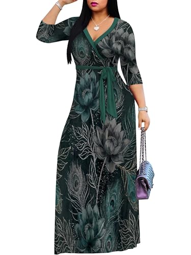 Image of PinkPatty Plus Size Maxi Dresses for Women Casual Flowy Long Dress 3 /4 Sleeve V Neck Wrap Dress with Belt