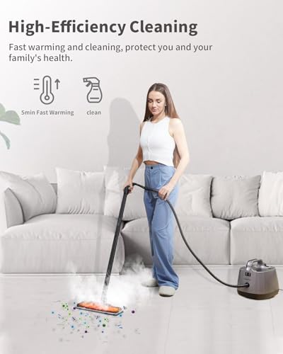 Steam mop cleaning floor tiles showing steam