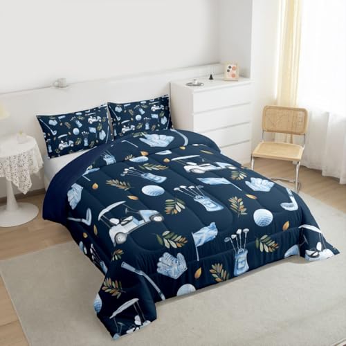 Image of Feelyou Navy Blue Golf Comforter Set King Size Leaves Bedding Set for Kids Boys Girls Sports Golfing Theme Duvet Quilt Bedroom Decor Microfiber 3 Pcs with 2 Pillow Cases