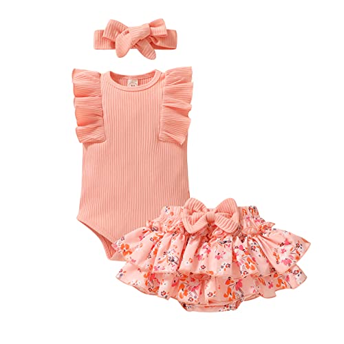 Image of Tiny Cutey Baby Girl Clothes Infant Summer Outfits Set Ruffle Sleeve Romper and Floral Shorts with Headband