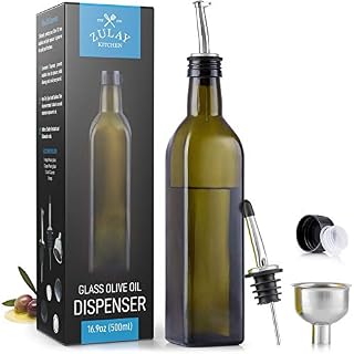 Zulay (17oz) Olive Oil Dispenser Bottle for Kitchen - Glass Olive Oil Bottle with 2 Spouts, 2 Removable Corks, 2 Caps, & 1 Funnel - Oil Bottle for Kitchen & Storing Liquids (Dark Brown Bottle)