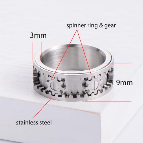 Fidget Rotatable Gear Spinner Ring - Titanium Steel Steampunk Mechanical Anxiety Relief Ring, Silver Unisex Accessory for EDC3