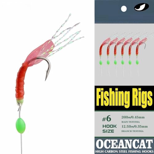 6 Hook/Set Fishing Rigs Red Feather Fish Skin Rubber Silk String Hook Fishing Lure Saltwater Freshwater Bait Rig Tackle 5#6#7#8#9#10# (#8-10 Packs)