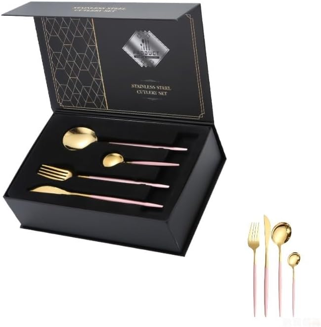 Silverware Flatware Set, Stainless Steel Cutlery Set 24-piece Small Black Box Portuguese Steak Knife, Fork And Spoon Gift Box(Color:Pink Gold)