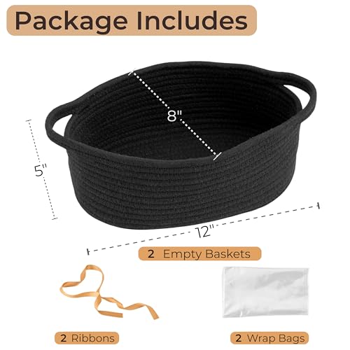 Image of 2-Pack Small Woven Gift Baskets Empty with Bags & Ribbons - Gifts for Father's Day, Baby Shower, Birthdays & Raffle - Cotton Rope Storage Basket for Dog Toys or Shelf - 12 inchx8 inchx5 inch, All Black