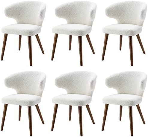 RIVOVA Upholstered Accent Arm Chairs Set of 6, Faux Sherpa Mid Century Modern Dining Chairs for Kitchen Dining Room Side Chairs with Wood Legs, White