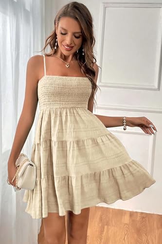 Image of HVEPUO Women Spaghetti Strap Sleeveless Smock Cami Mini Dress Summer Vacation Flowy Boho A Line Swing Short Dresses for Women