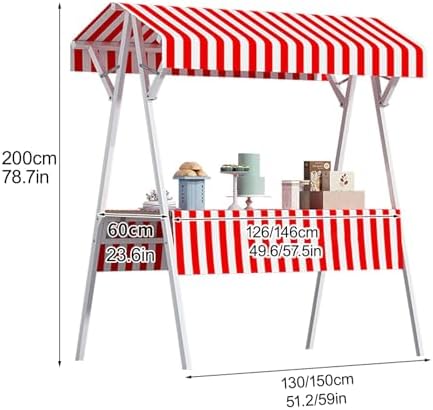 Portable Red Foldable Iron Vendor Cart with Canopy - 59in Lightweight Outdoor Vending Stand & Kiosk Trolley for Street Food, Markets & Events Display