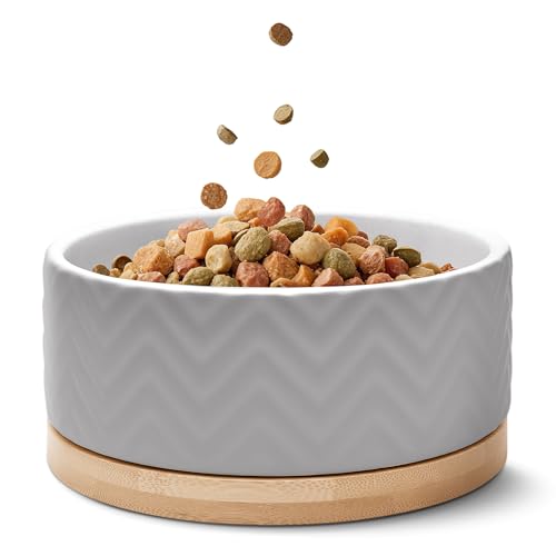 FREUDENTIER Ciotola per cani in ceramica con fondo in bambù, 990 ml, antiscivolo e lavabile in lavastoviglie, moderna ciotola per cani di taglia grande e cani di piccola taglia (bianco, 1 x )