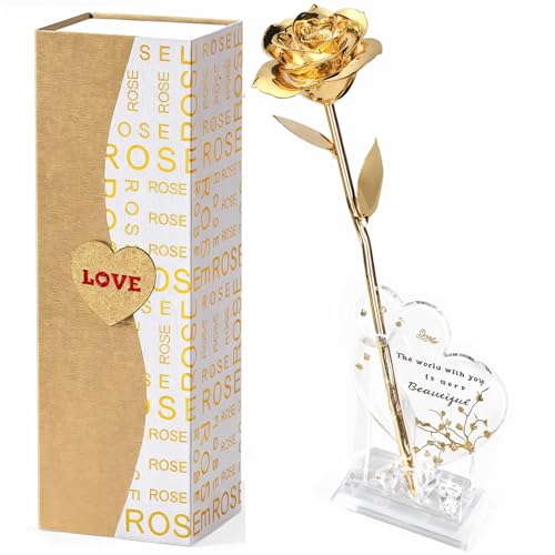Mikasol Gold Dipped Real 24K Gold Rose, 1 Pack Infinity Flower Decor Hand Dipped in 24K Romantic Rose Gifts for Women in Her Wife Girlfriend Birthday Anniversary Valentines Mothers Day Christmas