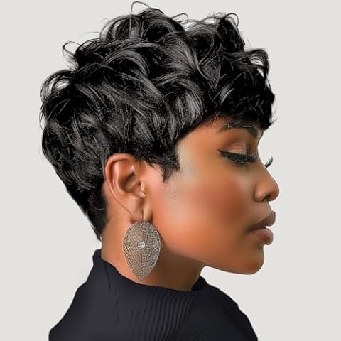 DOcute Short Wigs For Black Women Pixie Cut Wigs Short Black Curly Pixie Wigs Layered Heat Resistant Wigs Pixie Cut Wig For Black Women Natural Wavy Wig with Bangs(black) Cover