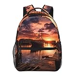 SMAZDFXX Reise-Laptop-Rucksack mit Bootshafen im Sonnenuntergang, große Kapazität, Büchertasche, leichter Rucksack für Arbeit und Wandern
