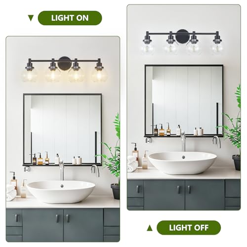 Image of 4-Light Bathroom Light Fixture Black Vanity Lights Over Mirror Modern Wall Sconce Farmhouse Vintage Bathroom Vanity Lighting with Glass Shade for Bedroom Hallway Cabinet Bathroom