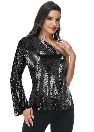 Anna-Kaci Women's Sparkly Sequin Party Tops Long Sleeve One Shoulder Top Blouse Shirts3