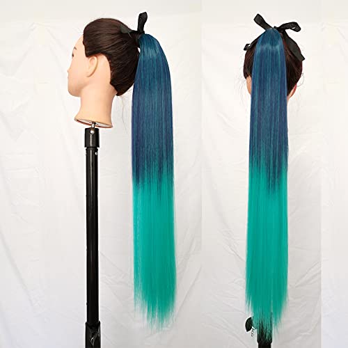 Sylhair Long Straight Ponytail Hair Extension 30 Inch Tie Up Hair Piece Hair Extension Gradient Green Ponytail Wrap Around Ponytail Hairpiece Synthetic Heat Resisting Fiber for Women