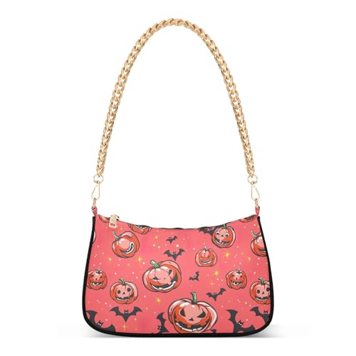 Scary Pumpkin and Bat Shoulder Bag for Women, Handbag with Chain Strap, Soft Purse Tote Bag for Ladies