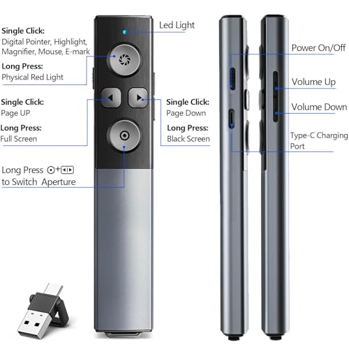 Metallgehäuse digitaler Wireless Presenter für Präsentationen mit Highlight Lupe Maus Timer, USB/Type-C 2 in 1 wiederaufladbar Präsentation Fernbedienung Präsentator Pointer für LED LCD TV Bildschirm