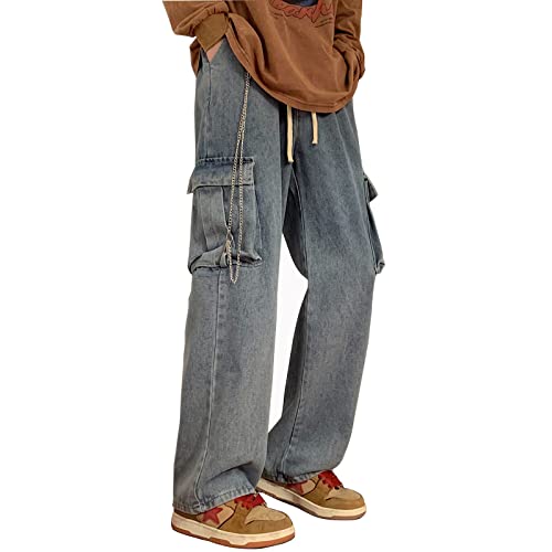 Men Straight Leg Jeans Relaxed Fit Work Pants Jeans with Cargo Pockets