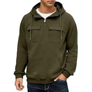 QIXING Men’s Cargo Hoodies Quarter-Zip Sweatshirts Tactical Jumpers Casual Gym Athletic Loose Hooded Tops