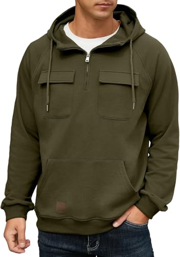 QIXING Men's Cargo Hoodies Quarter-Zip Sweatshirts Tactical Jumpers Casual Gym Athletic Loose Hooded Tops