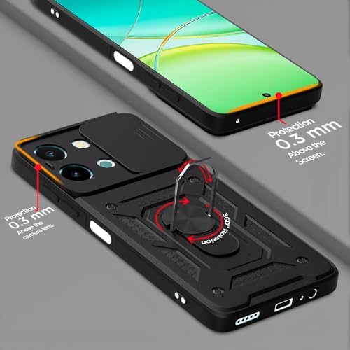 Image of Pikkme D10 Tough Armor Bumper Case | 360 Protection Case | Sliding Camera Shield Cover & Ring Holder Stand Back Cover for Vivo T3x 5G / Vivo Y200i 5G (Black)