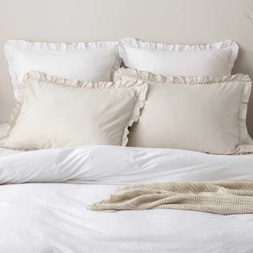 PHF 100% Washed Cotton Ruffle Pillowcases Standard Size, 2 Pack 20" X 26" Pillow Shams, No Insert, Ultra Soft Cotton Pillow Cases,Decorative Farmhouse Bedding, Linen/Oatmeal