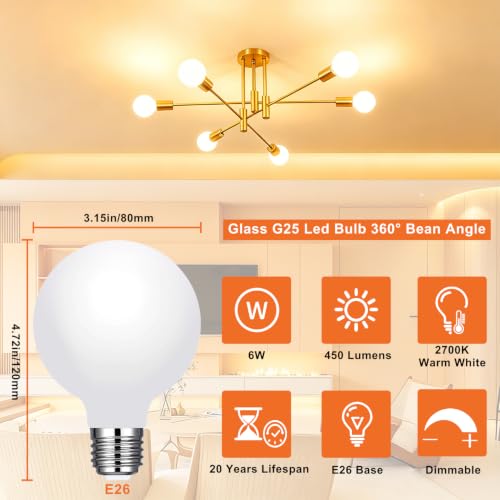 Image of Vinaco Glass G25 led Globe Light Bulbs Dimmable 6W 120V 2700K for Bathroom