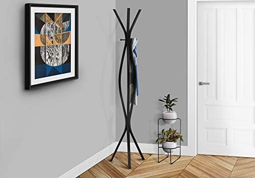 Monarch Specialties 2051, Hall Tree, Free Standing, 3 Hooks, Entryway, 72" H, Bedroom, Metal, Black, Contemporary, Modern Coat Rack