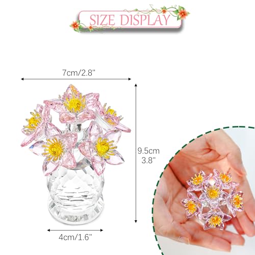 Crystal Christmas Flower Figurine with Vase 3.8in Tall Glass Flower Figurine Collections Home Decor for Thanksgiving Christmas Wedding Centerpiece,Gift for Women(Pink)