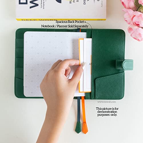 Image of NEORAH - A6 Notebook SLEEVE with SNAP Button - [ SLEEVE ONLY ]|Vegan Leather|Office Diary Holder with Penloop| 2 Front & 1 Back Pocket | 4 Card Slots |2 BookMarks - Fits any A6 Softcover - DARK GREEN
