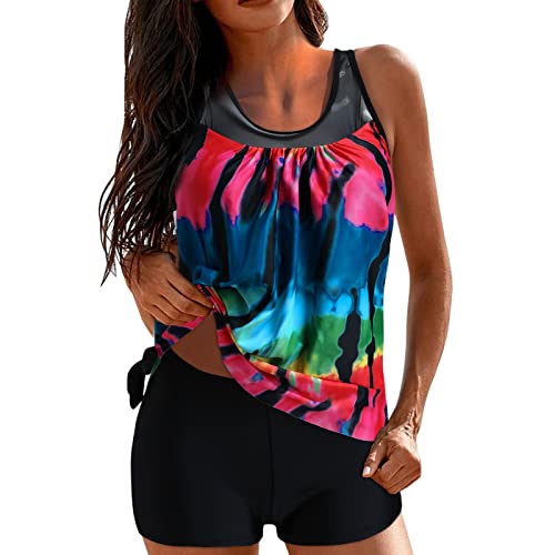 Conjunto de tankini para mujer, estampado floral, dos piezas, cuello en V, falda con cuello halter, hueco, traje de baño para mujer con pantalones cortos, almohadillas para el pecho, traje de baño,