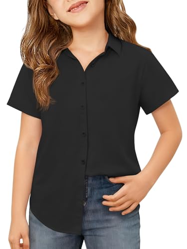 Haloumoning - Blusa para niña de manga corta con botones, camisa básica de ajuste regular, uniforme escolar, de una sola pieza, para niños de 5 a 14 años, Negro , 13-14 años