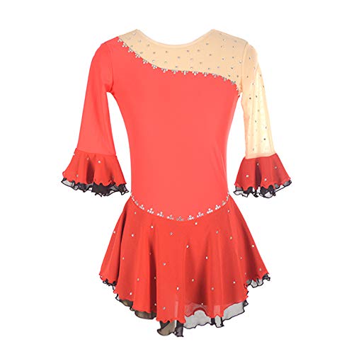 Ice Figure Skating Dress for Girls Ladies Long-Sleeved Beaded Roller Skating Skirt Two-Color Stitching Pattern Red