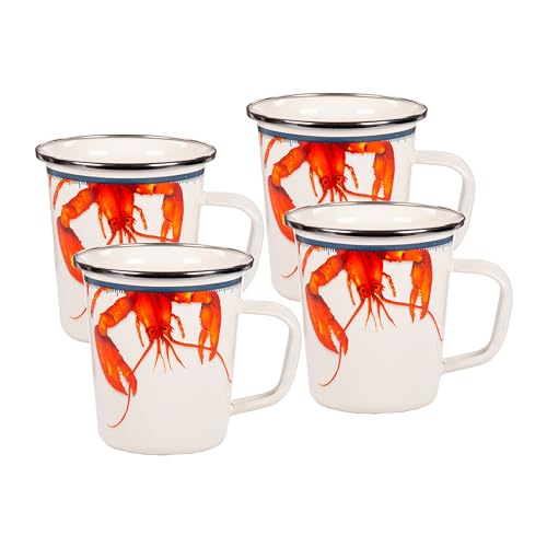 Golden Rabbit Enamelware Latte Coffee or Tea Mugs, 16 ounce, Lobster, Set of 4