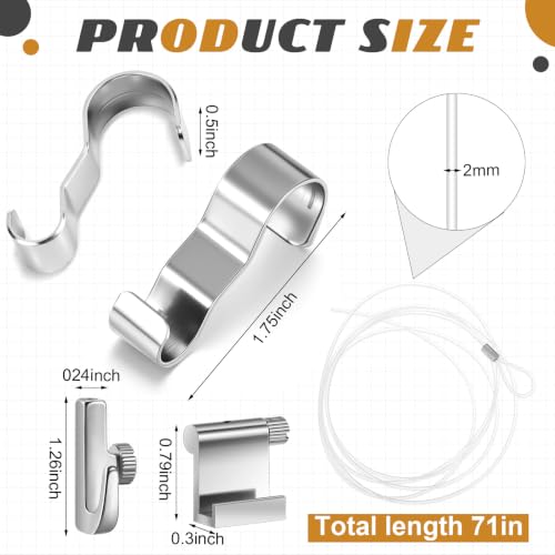 Image of Dunzy 10 Pcs Picture Rail Hooks for Hanging,71 inch Clear Nylon Cord,Silver | Adjustable Hooks with Nylon Cord, Molding Rail Compatible, For Exhibition and Gallery Wall Display, Easy Install