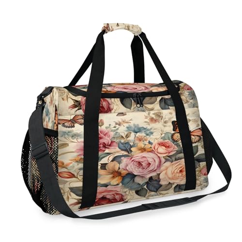 Vintage Floral Roses Travel Duffle Bag - Waterproof weekend luggage bag, men's sports and fitness bag, delivery hospital storage bag, overnight luggage bag with pull rod cover