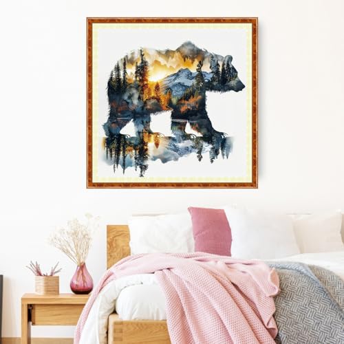 Image of Joyhoor Stamped Cross Stitch Kits for Beginners Needlepoint Kits for Adults Embroidery Kits 11CT Counted Cross Stitch Kits Printed Embroidery Pattern- Abstract Forest Bear 18x18 inch