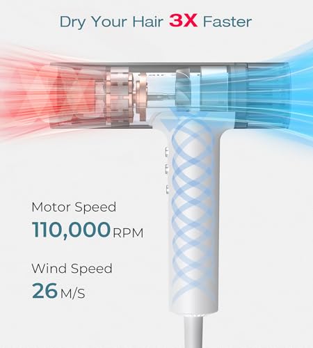 Image of Blow Dryer,110000RPM High-Speed Brushless Motor, Fast-Drying Negative Ions Intelligent Constant Temperature Hair Care Dryers, Professional Hair Dryer with Attachments for Home&Salon (White)