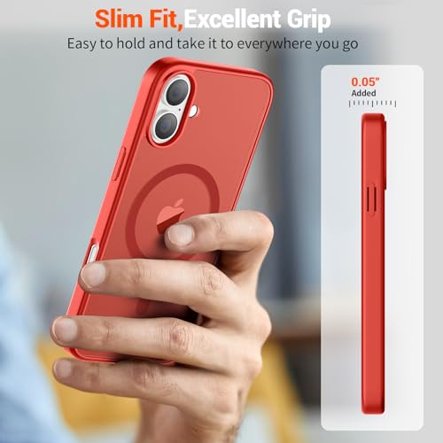 Image of SUPFINE Magnetic for iPhone 16 Case (Compatible with MagSafe) (Military Grade Drop Protection) Slim Translucent Matte Shockproof Phone Cover,Red