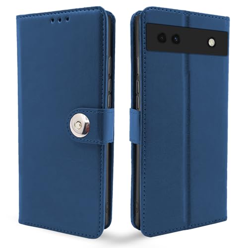 Image of Pikkme Google Pixel 6a Flip Cover Leather Finish | Inside TPU with Card Pockets | Wallet Stand and Shock Proof | Complete Protection Button Flip Case (Blue)
