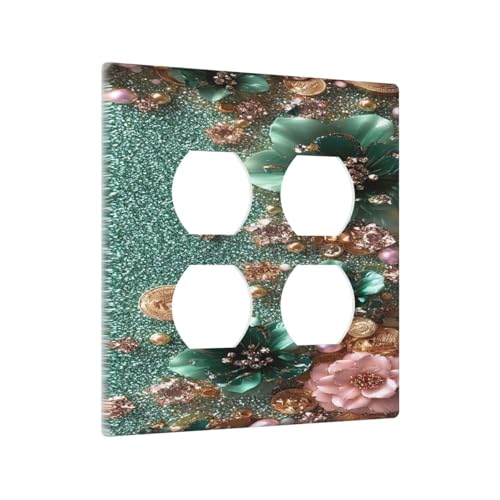 Decorative Outlet Covers Bling Green Rose Flowers Crystal Rhinestone Glitter 2 Gang Wall Plate Cover Double Duplex Receptacle Two Switch Light Switch Cover Plate Jumbo Dual Faceplate