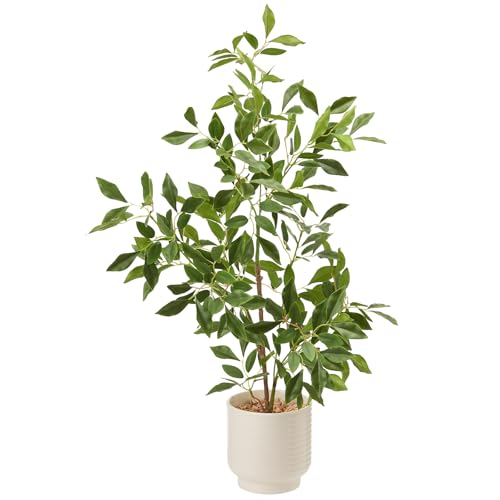 Artificial Potted Plants Indoor,27' Faux Plants Ficus Leaves Trees with Ceramic Pots,Realistic Fake Plant Indoor Potted for Living Room Office Farmhouse Room Bathroom Bedroom Kitchen Plant Decor