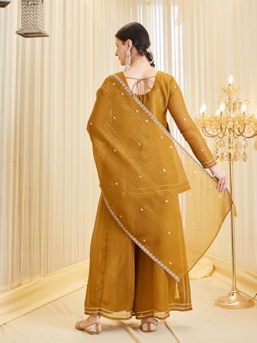 Image of MOKOSH Women's Silk Embroidery Peplum Kurta Sharara with Dupatta | Anarkali Kurta Set | Sweetheart Neck Full Sleeve Ethnic Suit | 3 Piece Outfit | Indian Kurta Outfit With Sharara