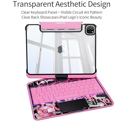 Image of Transparent Keyboard Case for iPad Pro 13 Inch (M5 2025 /M4 2024) with Multi-Touch Trackpad, 360 Rotating Stand, 7-Color 3-Level Backlit, Wireless Bluetooth, Pencil Holder, Pink
