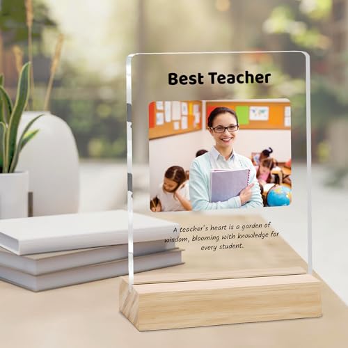 Image of Giftplease Best Teacher Plaque | Personalized Photo Frame with Wooden Stand | Appreciation Gift for Teachers | Teacher's Day Retirement Farewell Gift (Custom Photo & Text CTH 07